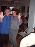 Joan Waving with Shorthaired Brunette